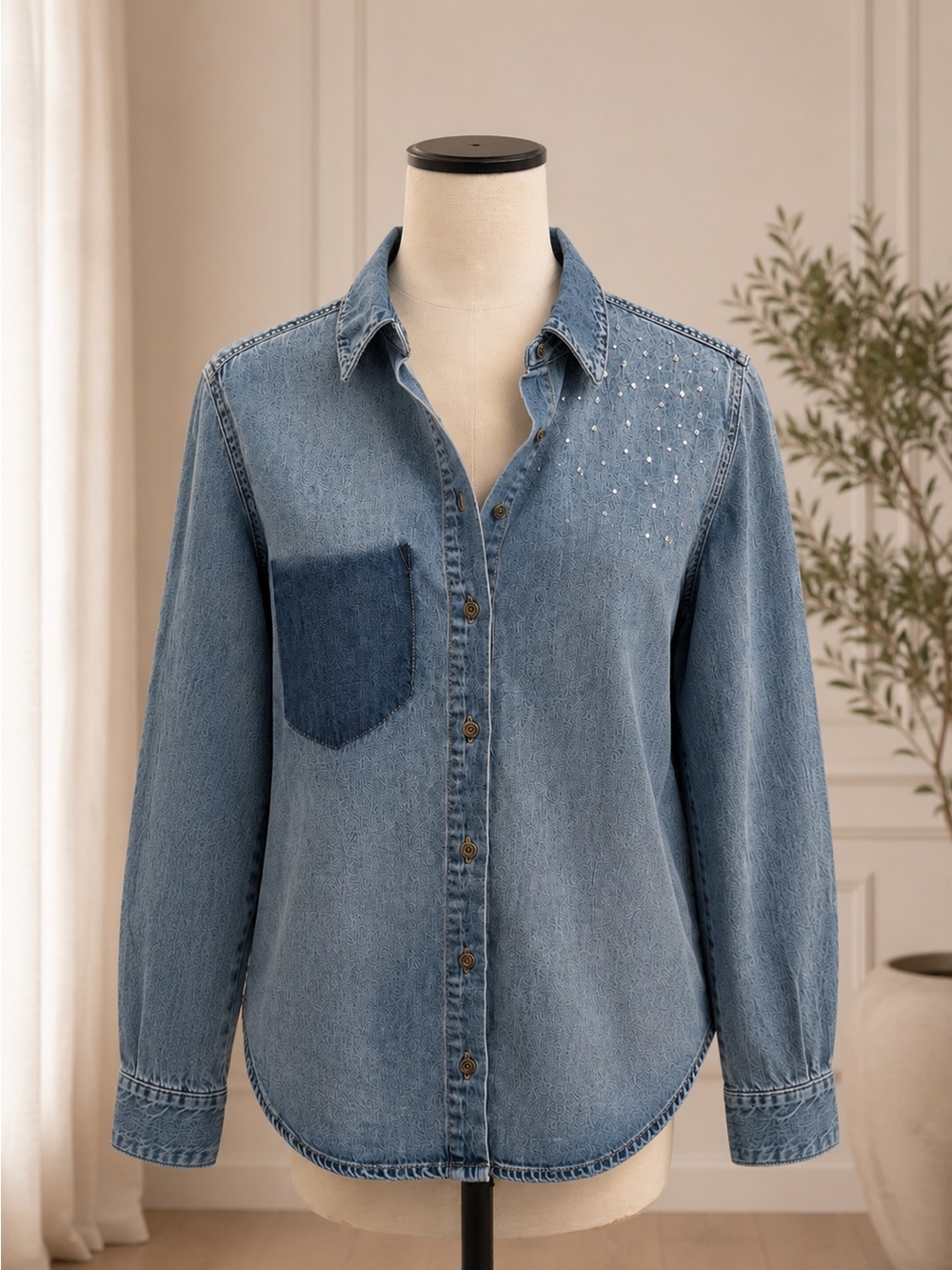 Jessica Simpson Embellished Two-Tone Denim Shirt – Size M
